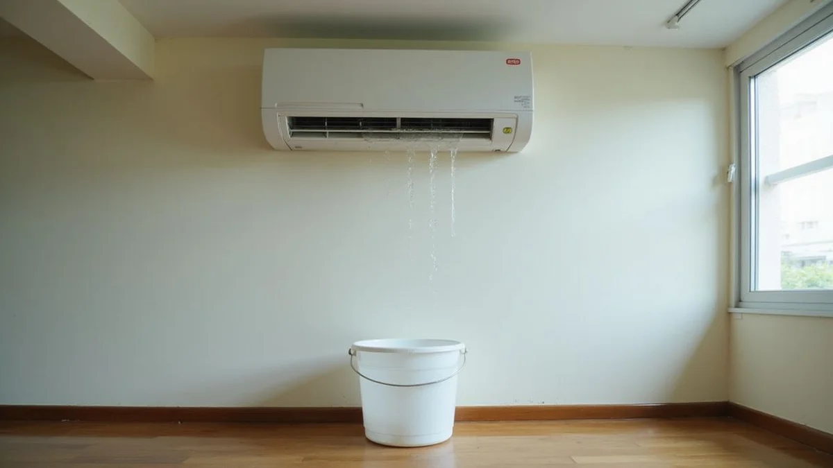 Comic pop-art illustration of aircon dripping water with concerned homeowner holding bucket underneath