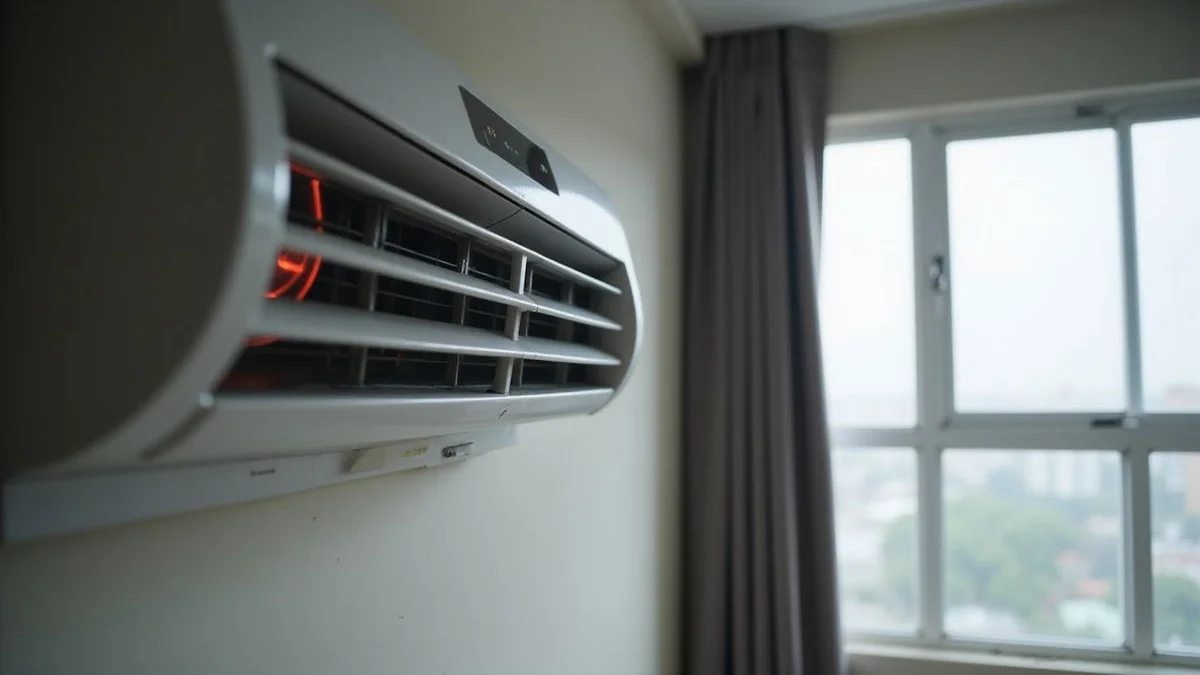 Close-up comic pop-art illustration of indoor fan coil LED blinking with count sequence speech bubbles