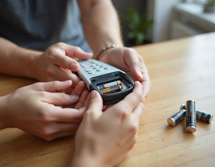 Aircon remote with battery compartment open showing AAA battery replacement