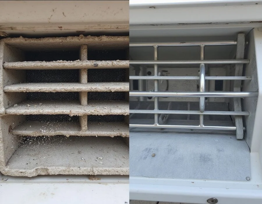 Split comic illustration of aircon coil before and after servicing with 90-day warranty sticker