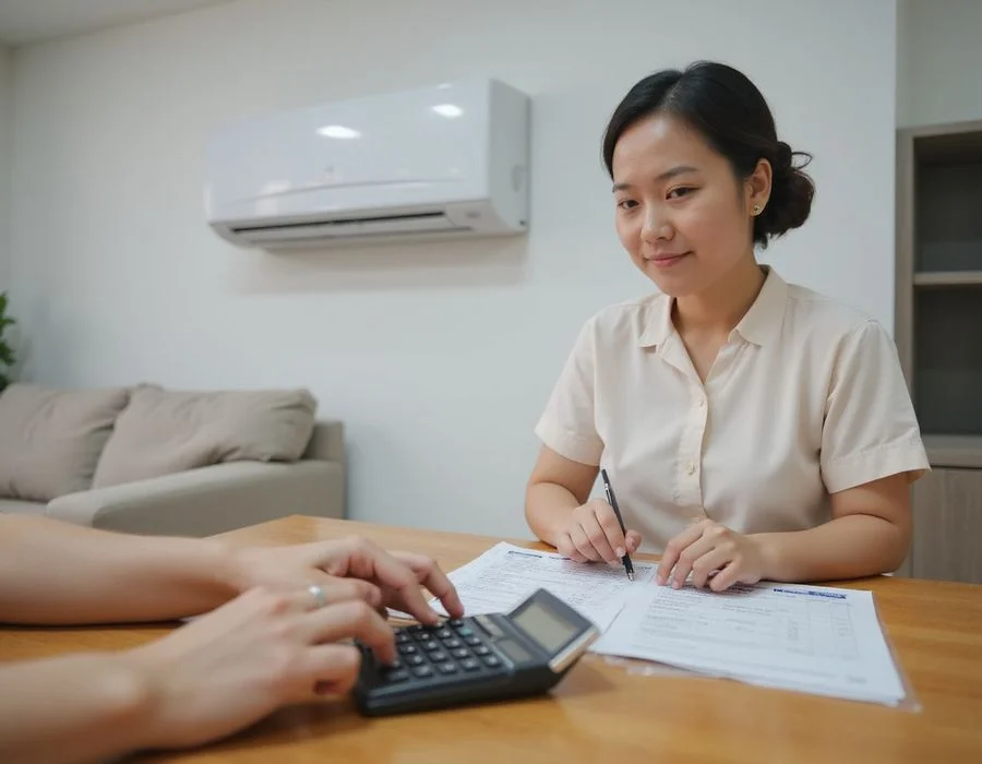 Calculator with aircon age and cost inputs showing repair vs replace decision graphic