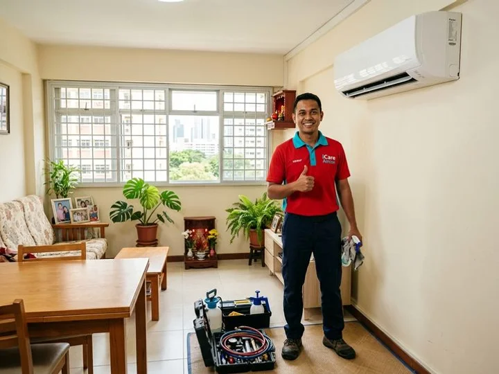 iCare Aircon technician smiling beside a freshly-serviced aircon indoor unit