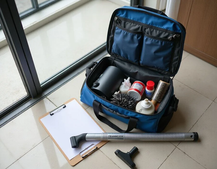 Flat-lay of an iCare Aircon servicing toolkit: vacuum, coil brush, drainage pipe, cloth, clipboard