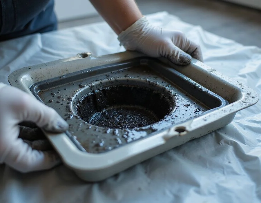Cutaway diagram of fan coil drainage path with blockage highlighted in red