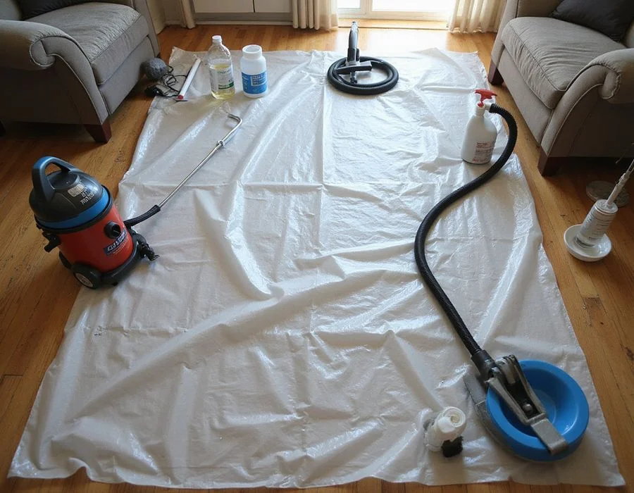 iCare Aircon technician setting up drop sheets and tools in an HDB living room before work