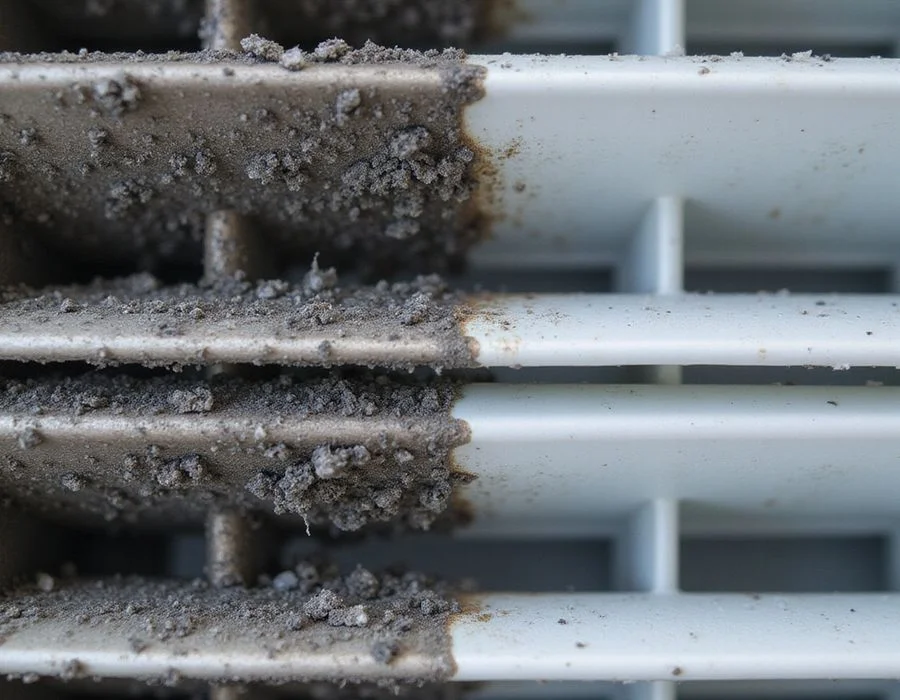 Comparison chart showing effectiveness of steam versus chemical wash on surface dust, biofilm, and mould