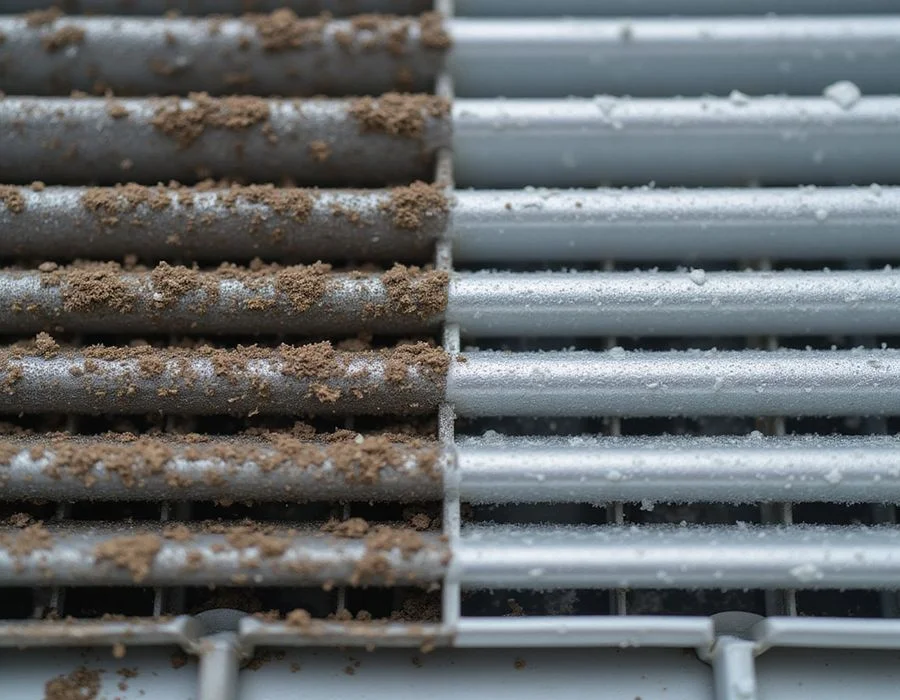 Close-up evaporator coil split diagonally showing dirty brown grime versus cleaned shiny aluminium