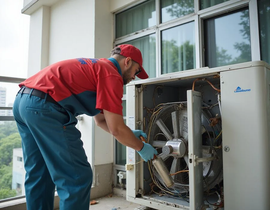 Fan motor replacement on a condominium balcony aircon installation