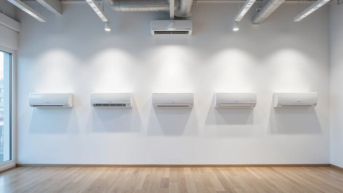 Comic pop-art illustration of five aircon brand logos over a Singapore HDB block background