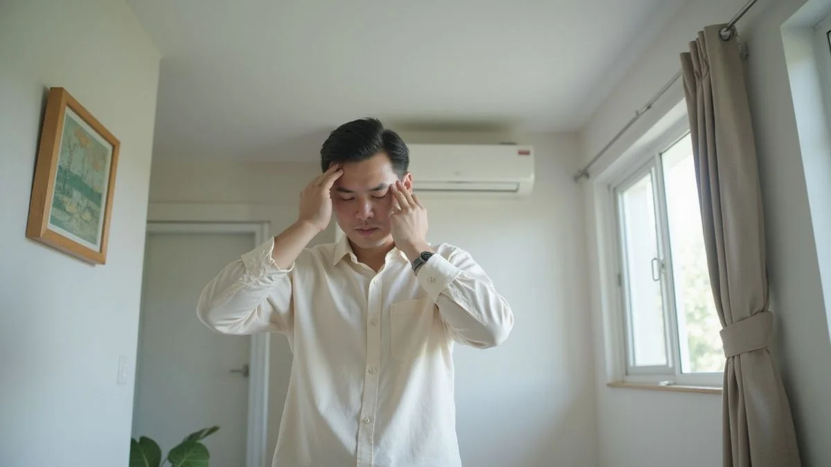 Comic pop-art illustration of frustrated homeowner sitting in front of aircon blowing warm wavy heat lines