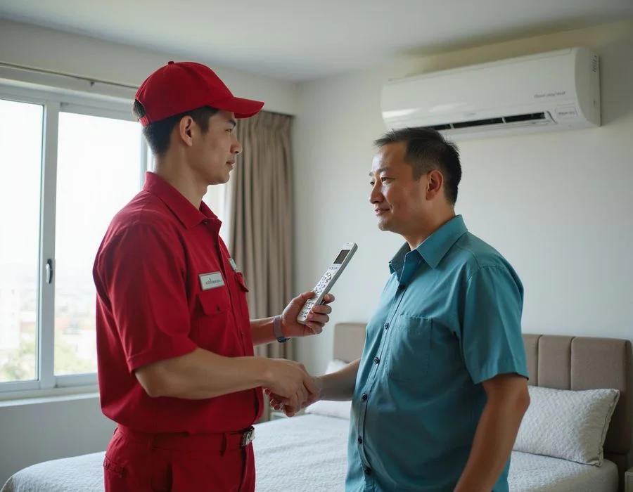 iCare Aircon technician demonstrating the remote control to a homeowner after installation handover