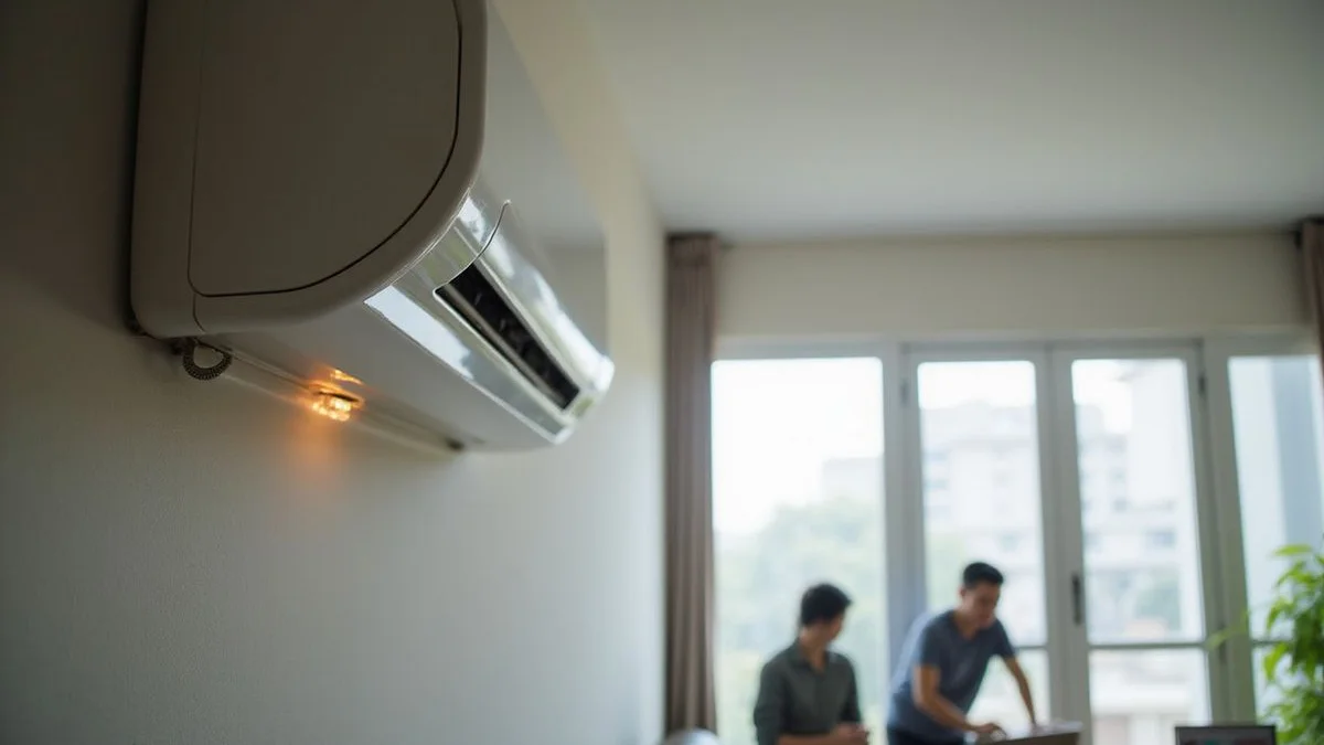 Comic pop-art Singapore HDB living room aircon showing warning symbols — wavy heat lines and dripping icon