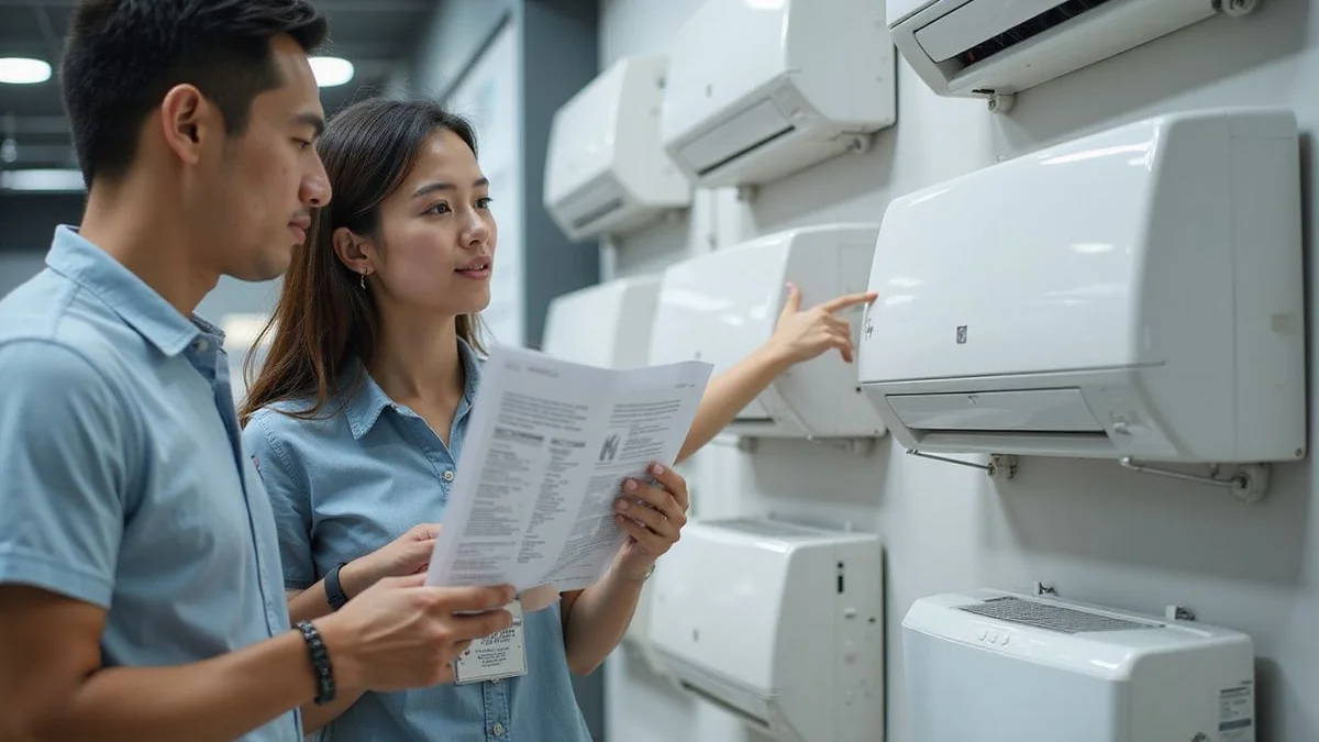 Comic pop-art illustration of homeowner comparing aircon models in showroom