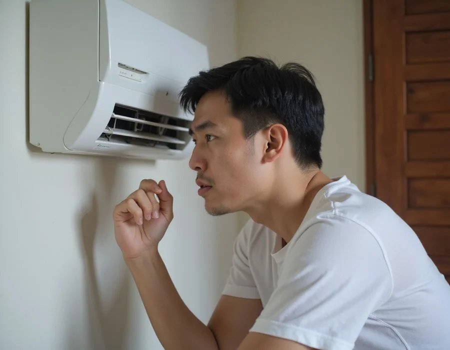 Homeowner with concerned expression sniffing near aircon vent, question mark thought bubble