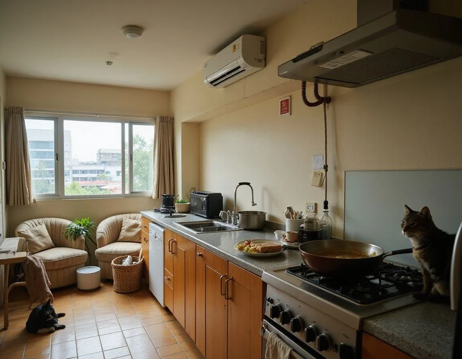 Pop-art illustration of a household with cooking pot, pets, and smoking all pointing to aircon cadence