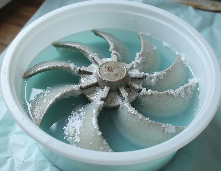 Side-by-side illustration: in-place servicing versus dismantled components soaking in chemical solution