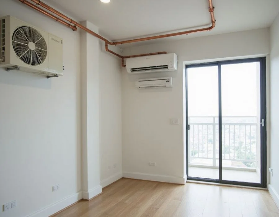 Isometric comic-style cutaway of Singapore condo with multi-split aircon system