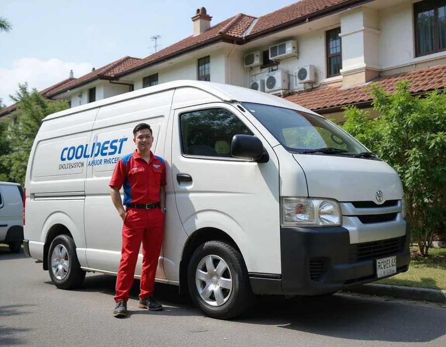 Landed home illustration with 8 fan coils highlighted across two floors and iCare Aircon van outside