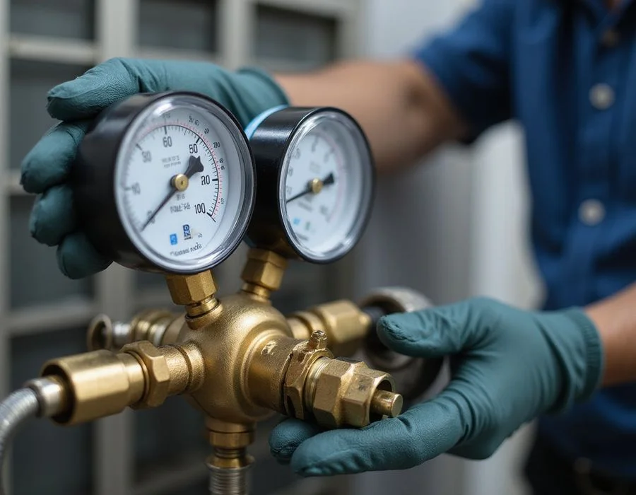 Manifold gauge set connected to an aircon service port checking refrigerant pressure