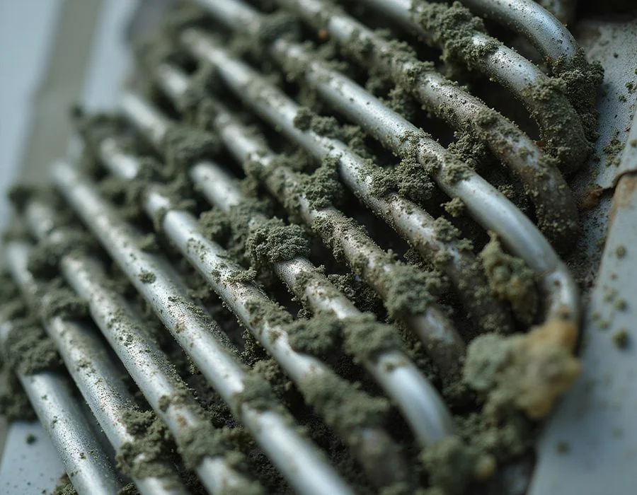 Close-up of a mould-blocked evaporator coil before an iCare Aircon chemical overhaul