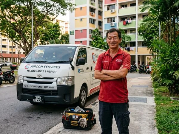 James Tan, iCare Aircon lead technician, beside the company van with his toolbag
