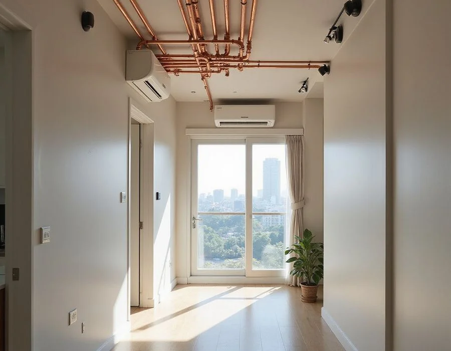 Diagram of multi-split system showing one outdoor unit connected to five indoor units