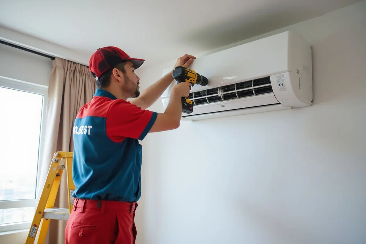 Newly installed Daikin split-type aircon unit mounted on an HDB bedroom wall with tidy trunking