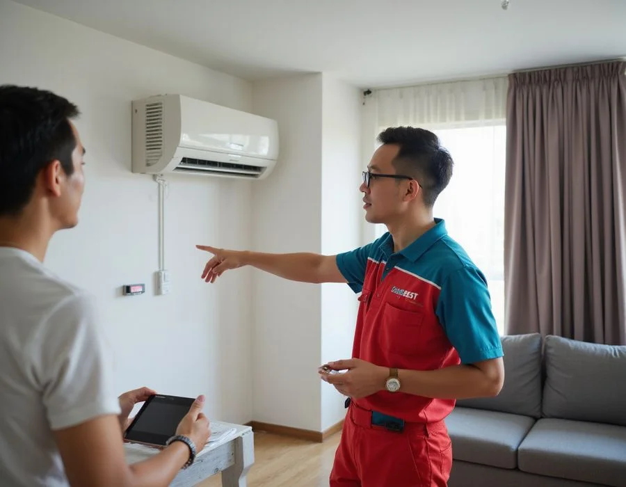 Comic burst callout 'NOT SURE WHICH?' with iCare Aircon technician holding inspection tool