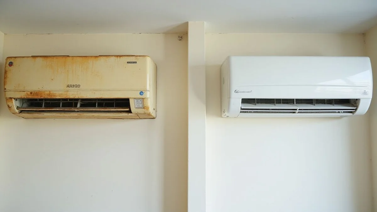 Split-screen comic pop-art illustration comparing old aircon versus new aircon with decision arrows