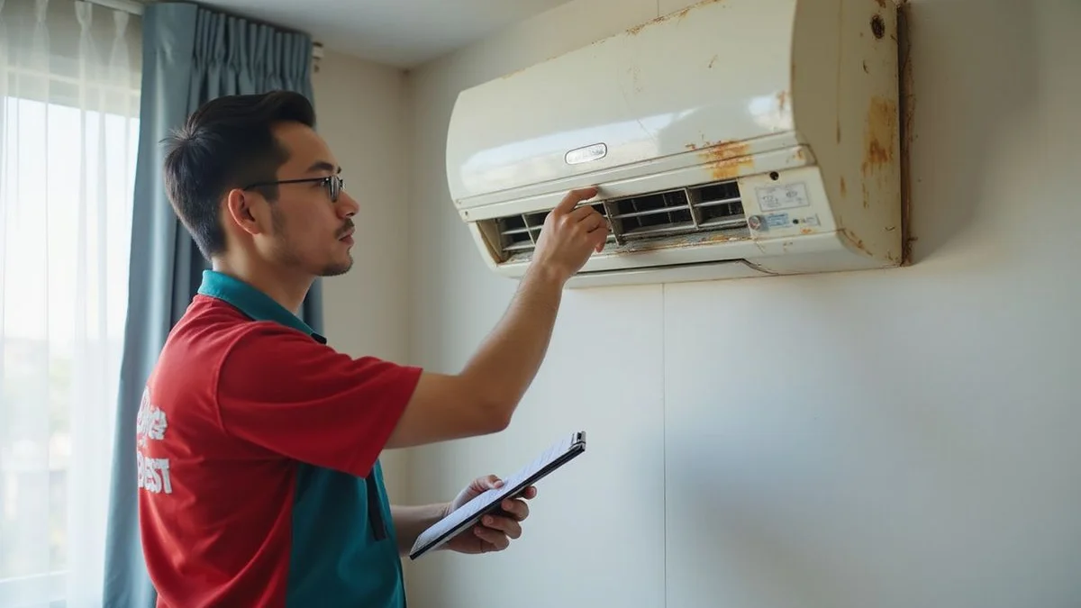 Comic-style illustration of older aircon with decision paths to overhaul or replace