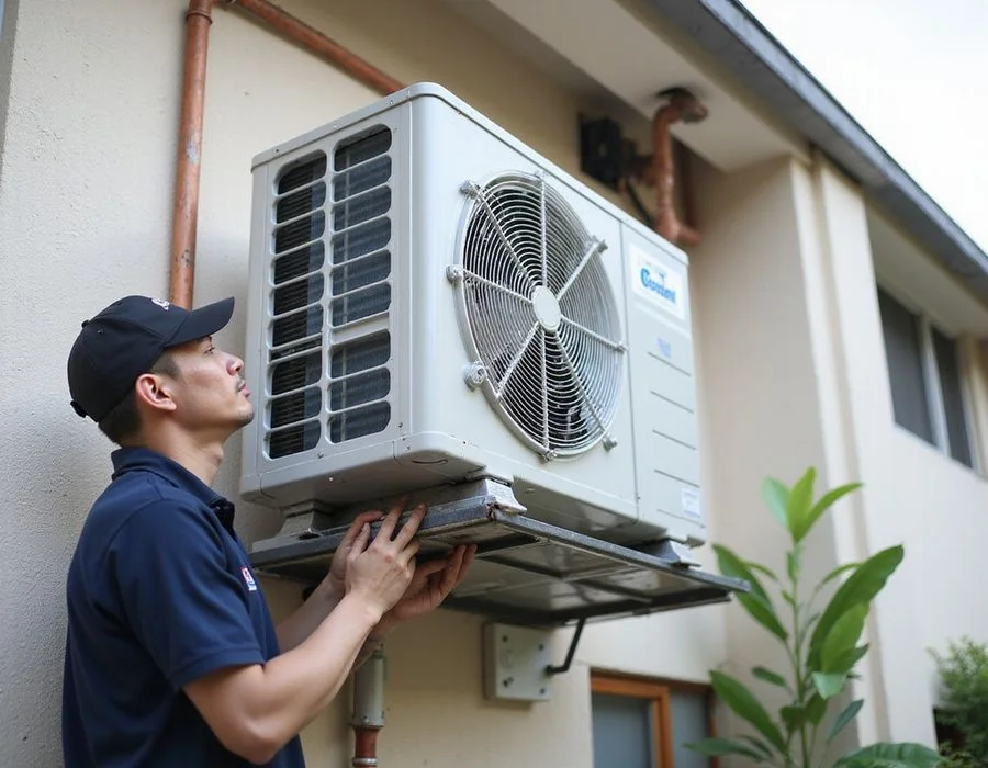 Outdoor condenser unit being mounted on a purpose-built HDB ledge bracket