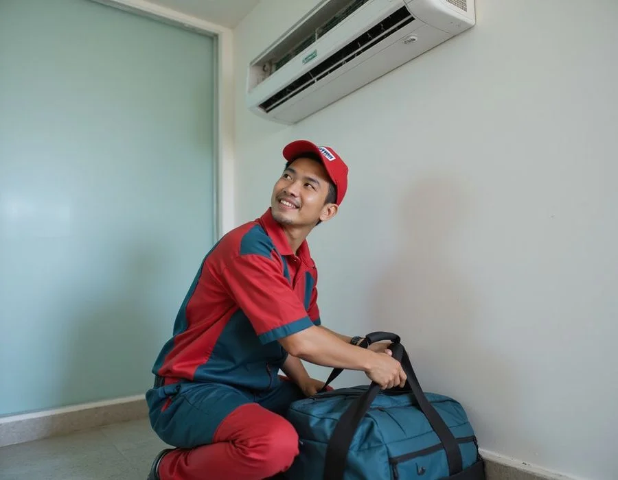 Completed aircon repair with tools packed and work area left clean