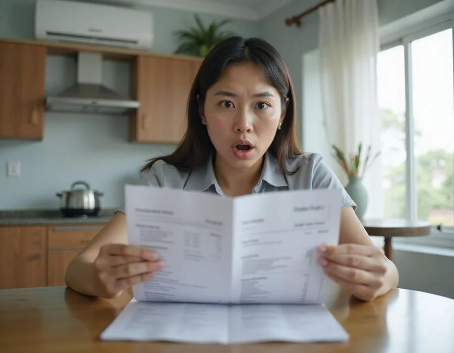 Homeowner with shocked expression looking at rising electricity bill, aircon icon in background