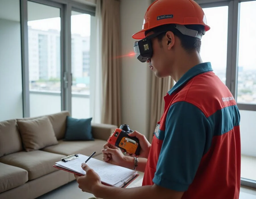 iCare Aircon technician measuring room dimensions during a BTU sizing site survey