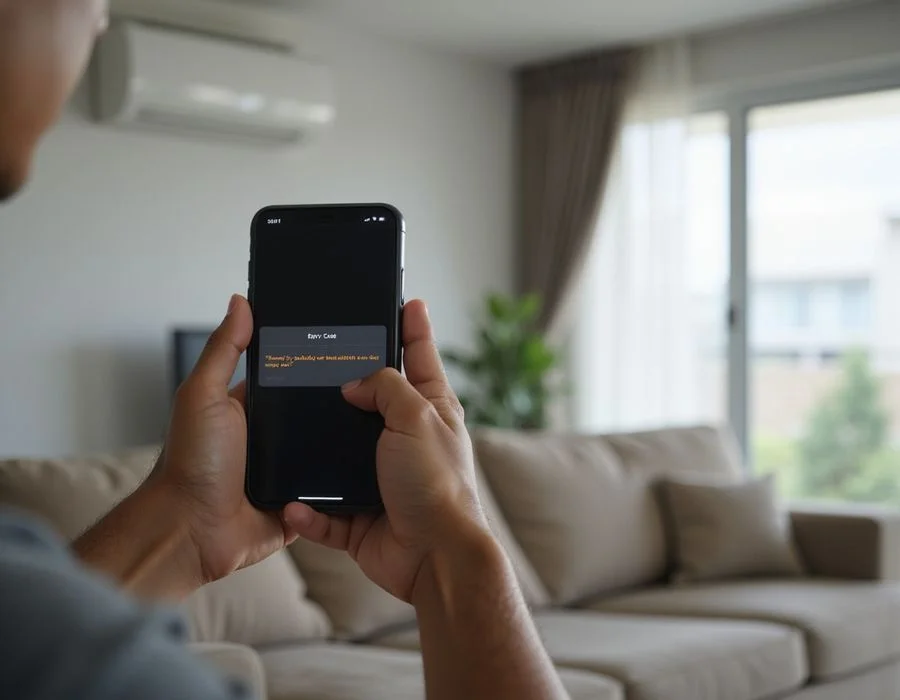 Smartphone aircon remote app displaying an error code alongside translated cause graphic