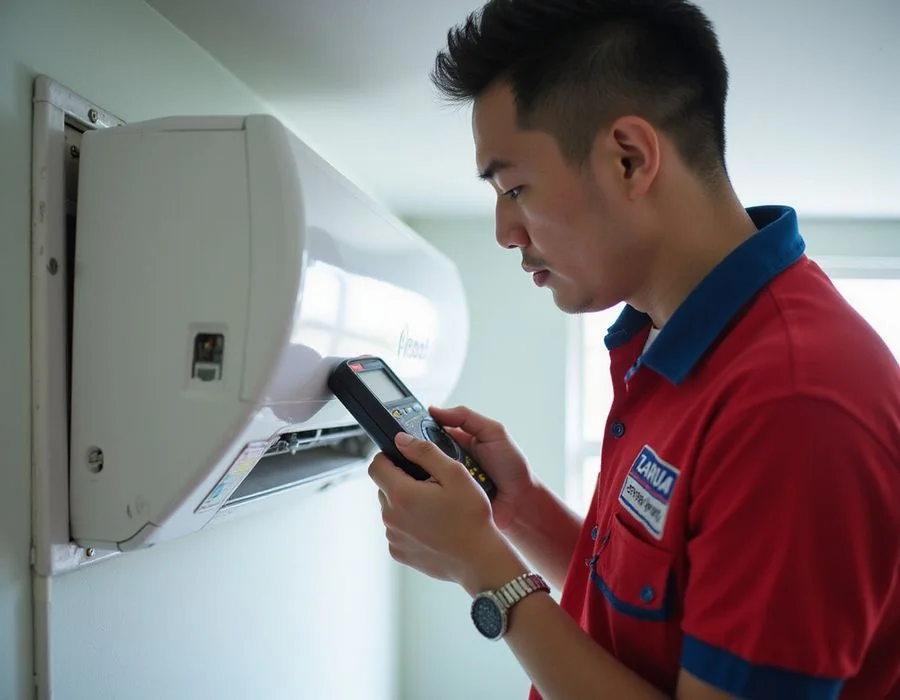 iCare Aircon technician diagnosing aircon with digital thermometer and multimeter