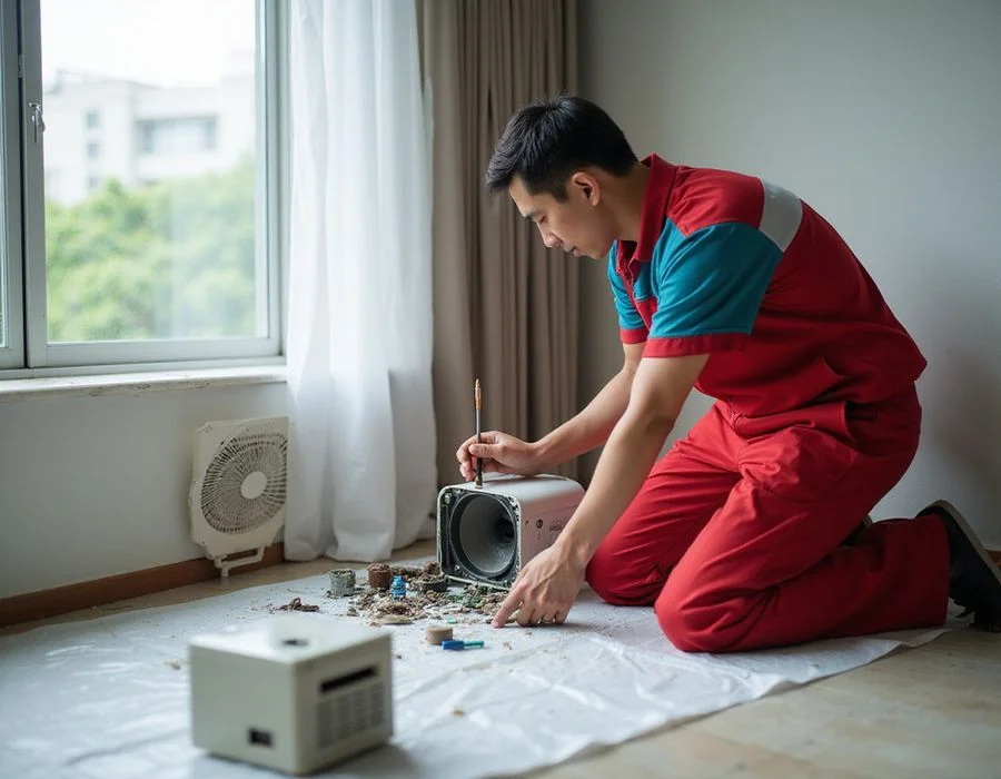 iCare Aircon technician dismantling aircon fan coil with parts laid out on protective sheet