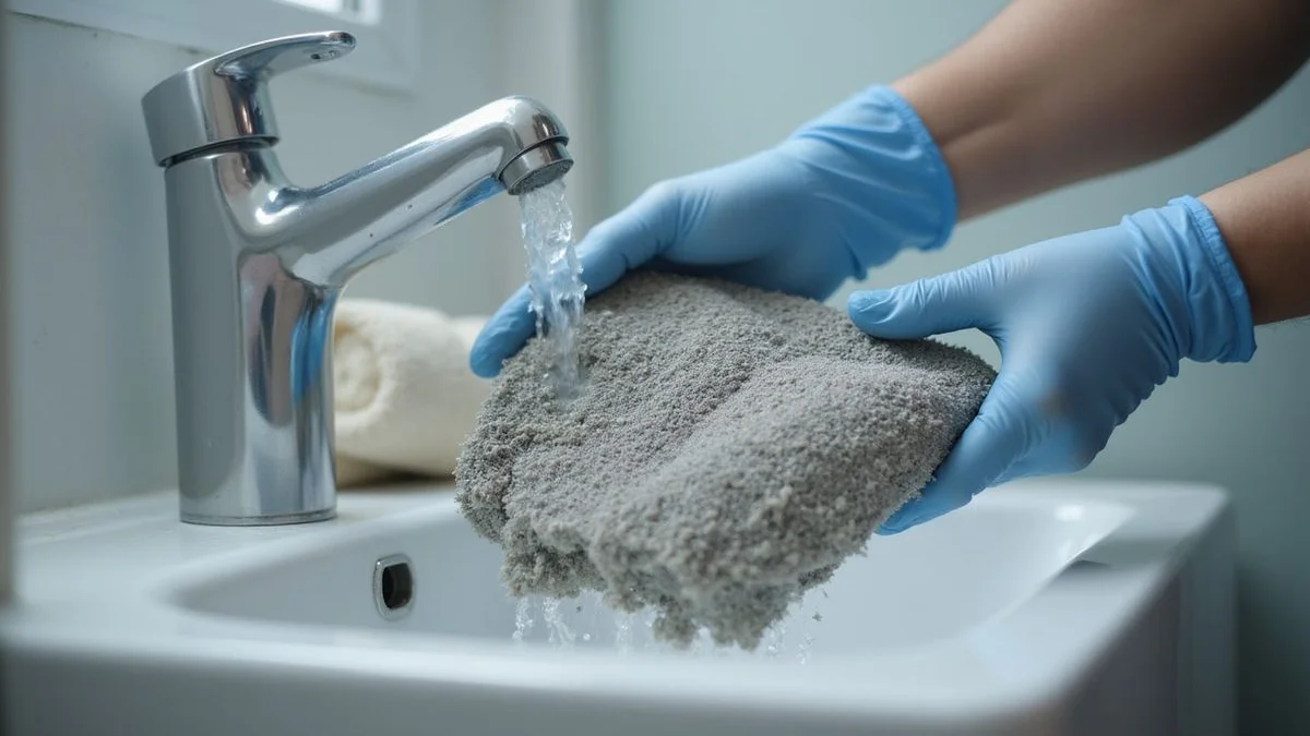 Close-up of iCare Aircon technician's gloved hands rinsing a dust-packed aircon filter under running water