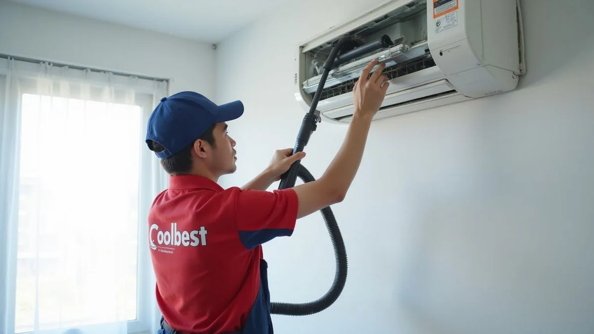 iCare Aircon technician in blue uniform servicing a wall-mounted split aircon in a Singapore HDB living room, comic pop-art style
