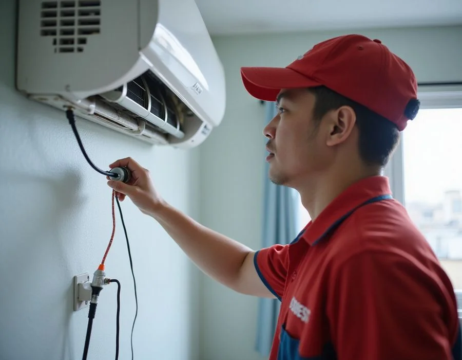 iCare Aircon technician using stethoscope on aircon fan coil for sound diagnosis