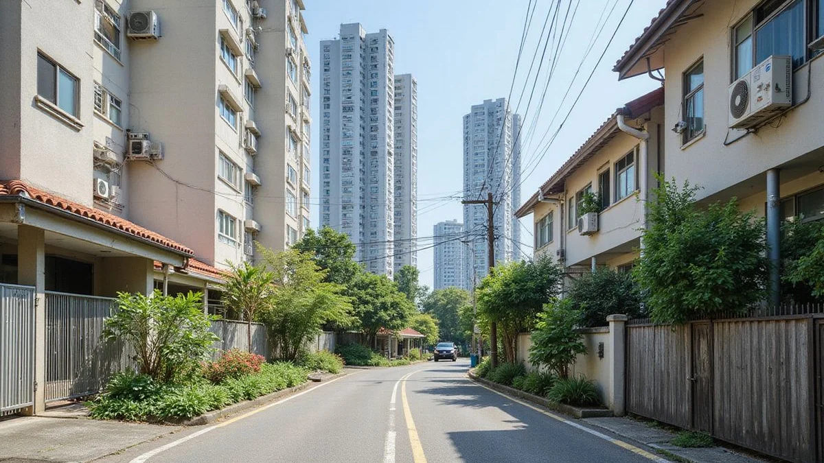 Comic pop-art triptych showing HDB block, condo tower, and landed bungalow side by side with aircon servicing badges