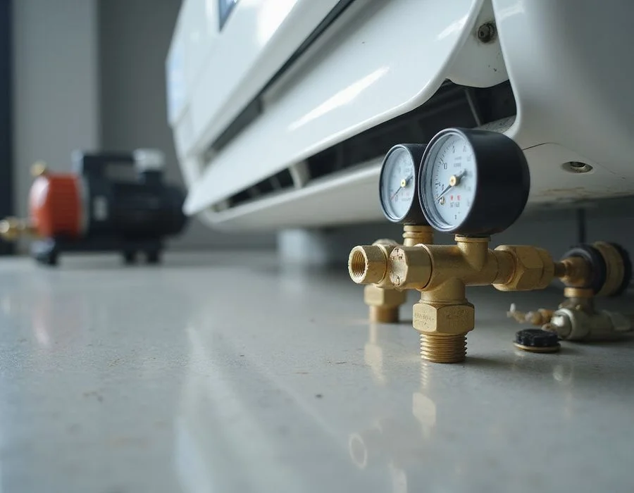 Vacuum pump connected for a pre-commissioning pressure test on a new aircon system