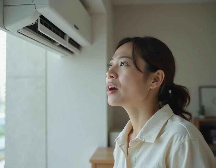 Split illustration of woman pinching nose at smelly aircon versus cleaned aircon with smiling homeowner
